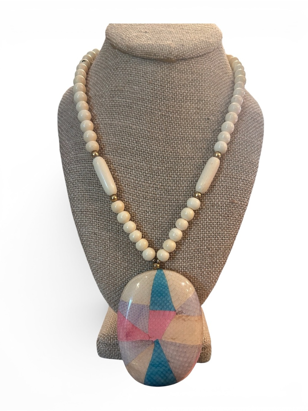 Vintage Cream Beaded Necklace with Pastel Geometric Pendant